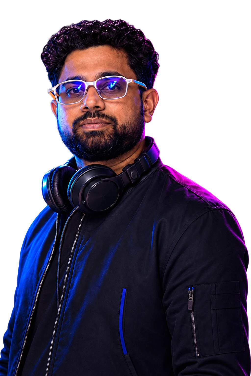 Melody Mechanics DJ mentor wearing headphones in neon studio lighting